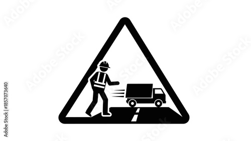 Warning sign depicting a construction worker directing a fast-moving truck on a road, indicating road work or a flagger ahead.
