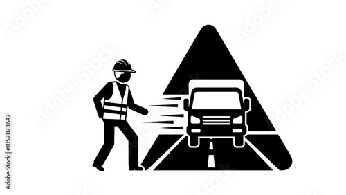 Black and white icon of a construction worker directing traffic near a speeding truck on a road with a traffic cone, set against a warning triangle.