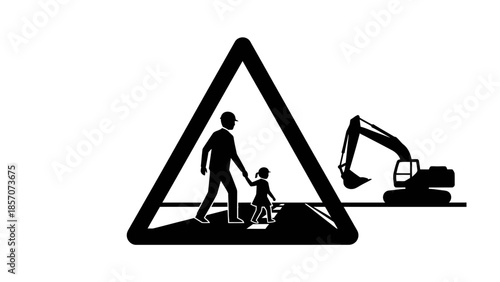 Black and white silhouette of a warning sign showing an adult and child crossing a road, with an excavator in the background, indicating construction or roadwork ahead.