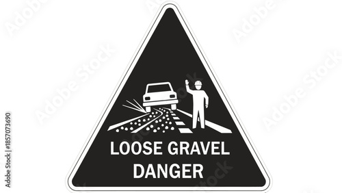 A black triangular warning sign with a white border, illustrating a car kicking up loose gravel on a road with a person standing nearby, and the text 'LOOSE GRAVEL DANGER'.