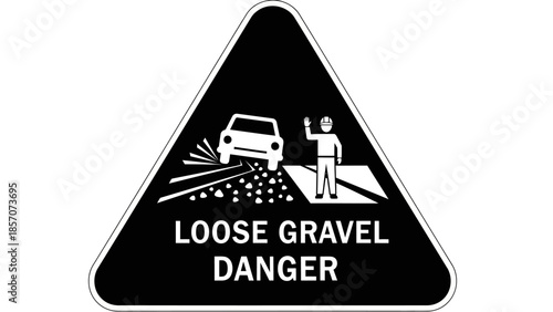 Black triangular warning sign with white icons depicting a car on loose gravel and a person, with 'LOOSE GRAVEL DANGER' text.