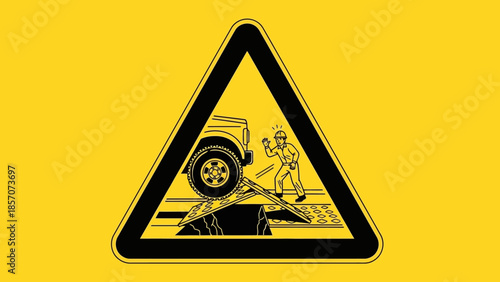 Warning sign depicting a vehicle and worker on a collapsing road over a trench.