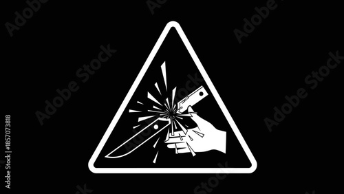 Warning sign depicting a hand holding a knife being struck by another knife, symbolizing danger and sharp object hazard.
