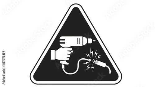 Warning sign showing a hand holding a power drill with a damaged, sparking electrical cord, indicating danger of electric shock or cord damage.