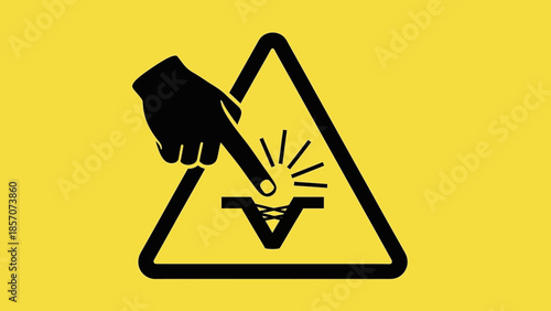 A yellow warning sign with a black hand pointing to an electrostatic discharge symbol within a triangle, indicating caution for sensitive electronics.