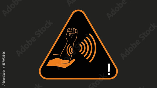 Warning sign depicting an arm with radiating waves from the wrist, indicating potential electromagnetic or radio frequency interaction.