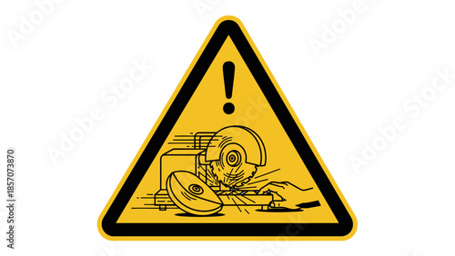 Yellow triangular warning sign with black border depicting a hand operating a circular saw, generating sparks while cutting material, indicating a general hazard.