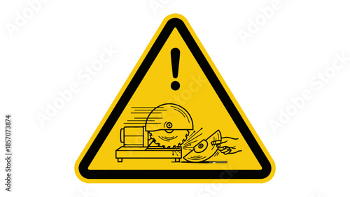 Warning sign depicting a chop saw cutting metal with sparks flying, indicating a machinery hazard and potential injury.