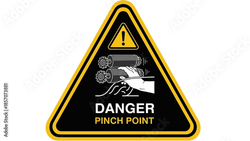 A yellow triangular warning sign with a black border indicating a danger pinch point with an illustration of a hand caught between rollers.