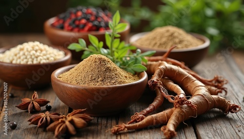Ginseng roots, powder sit in wooden bowls on rustic table with star anise, berries. Traditional Asian herbal medicine ingredients used for vitality, well-being. Natural remedies for healthy living.
