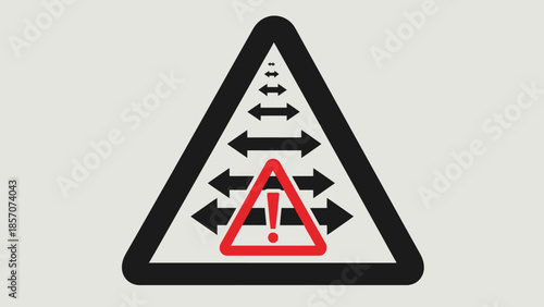 Abstract warning sign with a red exclamation triangle inside a larger black triangle, surrounded by horizontal arrows indicating varying scales or perspectives.