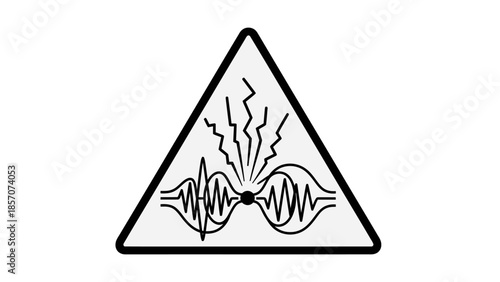 Black and white triangular warning sign depicting electromagnetic interference or radio frequency hazard with converging waveforms and energy bursts.