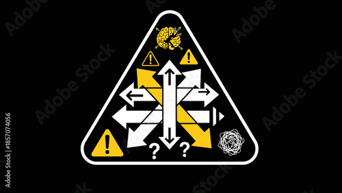 A complex triangular warning sign filled with a maze of white and yellow arrows, question marks, and abstract symbols on a black background, representing confusion and multiple choices.