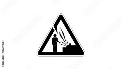 Warning sign indicating a hazard from flying debris or sparks, showing a person near an erupting object.