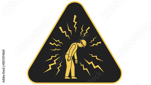 Warning sign depicting a person experiencing an electric shock or electrocution, surrounded by lightning bolts in a black and yellow triangle.