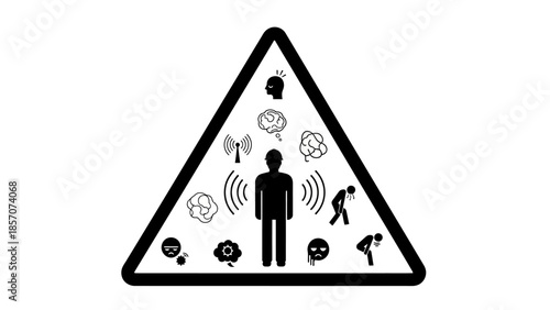 A black warning triangle with a central human figure emitting waves, surrounded by icons representing mental health, stress, technology, and various human conditions.