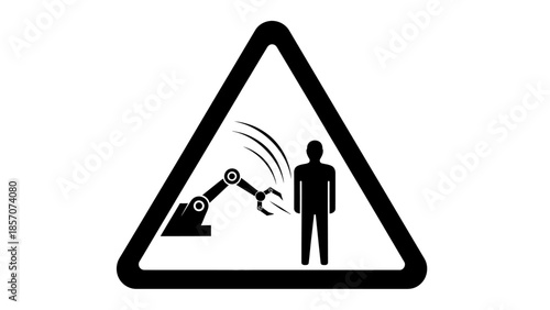 Warning sign depicting a robotic arm hazardously swinging towards a human figure, symbolizing danger in automated industrial environments.