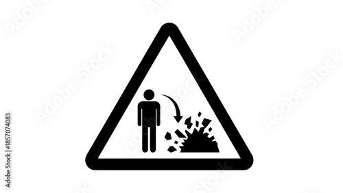 A black and white warning sign depicting a person next to falling debris, indicating a hazard of falling objects.