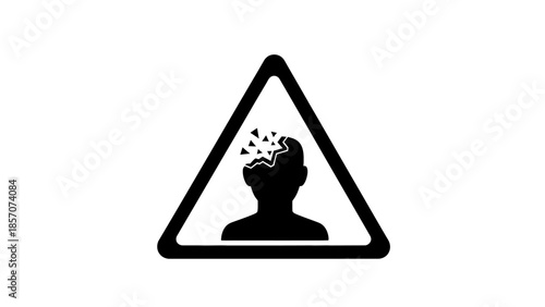 Black and white warning sign depicting a human head shattering into fragments, symbolizing mental stress, breakdown, or cognitive danger.