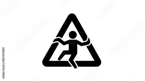 Warning sign depicting a person in a hard hat falling down a flight of stairs, indicating a trip hazard on a yellow background.