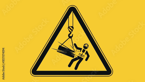 Warning sign depicting a person in a hard hat falling down a flight of stairs, indicating a trip hazard on a yellow background.