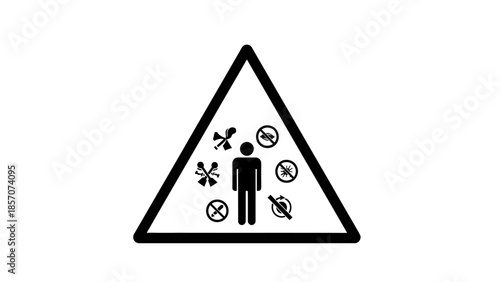 Warning triangle with person surrounded by symbols for controlled environment, indicating restrictions on temperature, moisture, and ventilation.