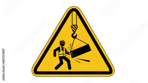 Warning sign depicting a person narrowly escaping a falling heavy object from a crane hook, indicating overhead load hazard.