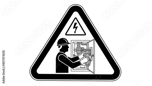 Warning sign depicting an electrician working on an electrical panel with a lightning bolt symbol indicating high voltage danger.