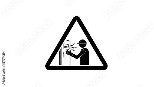 Warning sign depicting a worker in a hard hat encountering an electrical arc flash or shock hazard while operating machinery, symbolizing industrial danger.