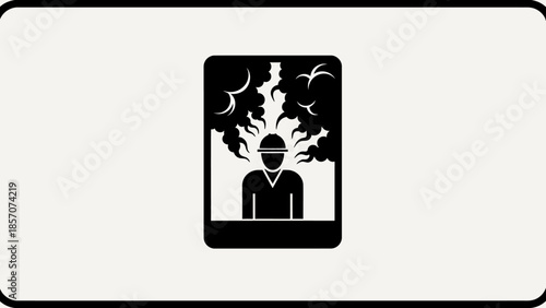 A black and white graphic depicting a person's head engulfed in flames and smoke, symbolizing stress or burnout.