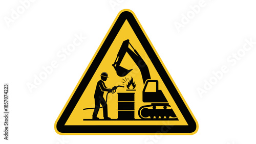 Yellow triangular warning sign depicting a worker welding near a burning barrel with an excavator, symbolizing industrial fire hazard.
