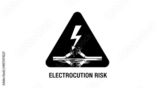 A black triangular warning sign with a white lightning bolt and hands touching exposed wires, indicating electrocution risk.