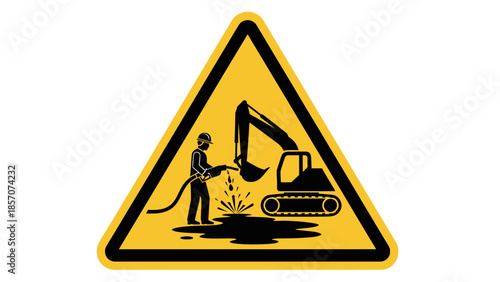 Warning sign depicting a worker operating equipment near an excavator, indicating a construction or industrial hazard with sparks.