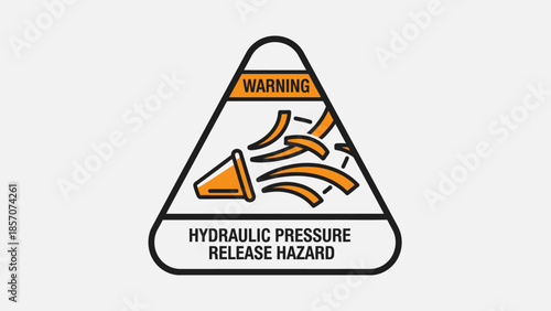 Warning sign indicating a hydraulic pressure release hazard with an icon of bursting fluid or debris from a container.