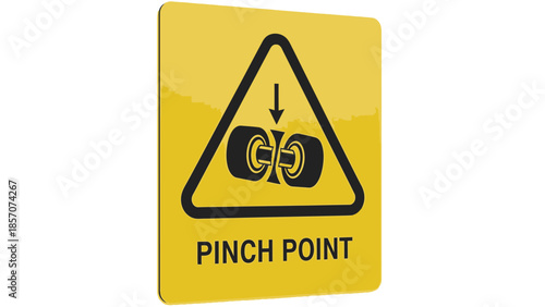 A yellow square warning sign featuring a black triangular symbol depicting a pinch point between two rollers, with the text 'PINCH POINT' below.