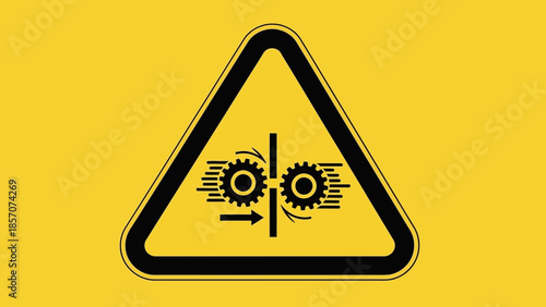 Yellow warning sign with black triangle indicating a pinch point hazard between two rotating gears, symbolizing danger from moving machinery.