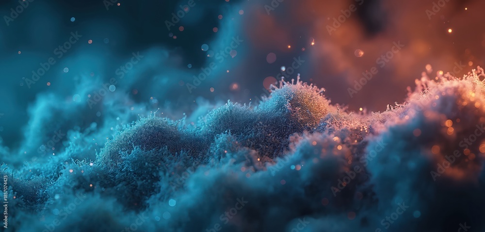 Fototapeta premium Abstract blue and orange clouds with tiny sparkling lights. Texture resembles organic matter or microscopic view. Suggests scientific research or digital art. Cosmic nebula background.