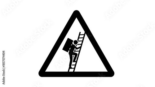Warning sign depicting a person climbing a ladder while carrying a heavy load on their back.