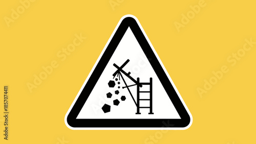 A yellow background with a black-bordered white triangular warning sign showing a collapsing structure and falling debris, symbolizing a hazard or danger.