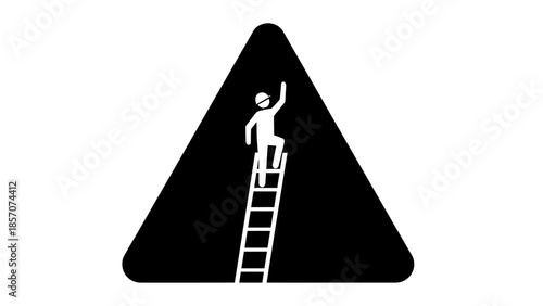A black triangular warning sign with a white silhouette of a person climbing a ladder upwards, symbolizing ambition or challenge.