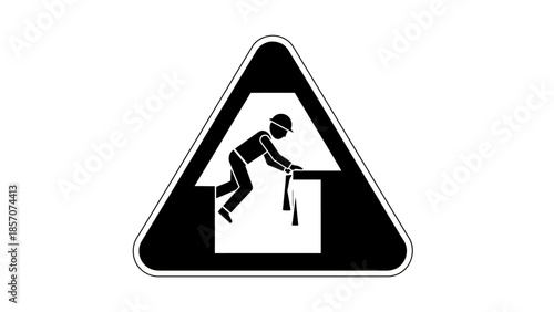 Black and white warning sign depicting a worker in a hard hat bending over an opening with a tool, indicating a confined space or excavation hazard.