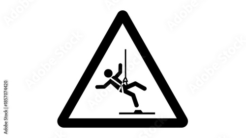 Warning sign depicting a person falling while attached to a rope, indicating a fall hazard or safety concern.