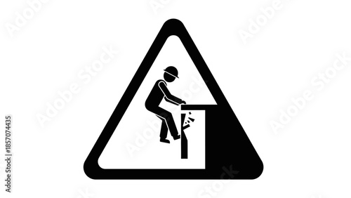 Black and white warning sign depicting a person sitting on a table, using a bottle as a footrest, illustrating unsafe work practices.