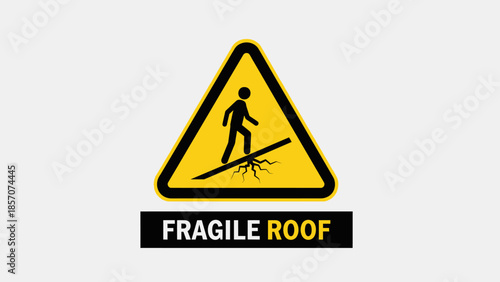 Fragile roof warning sign with a person walking on a breaking surface, indicating danger and caution for safety in industrial or construction areas.