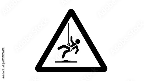 Warning sign depicting a person falling while secured by a rope and harness, indicating a fall hazard from height.