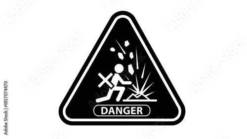 Black and white triangular danger sign with falling debris and explosion warning.