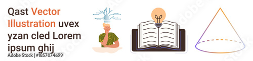 Education, creativity, knowledge sharing, brainstorming, innovation, geometry. a person with a tree-thumbs up brain, an open book with a bulb and a geometric shape. Education and creativity concept