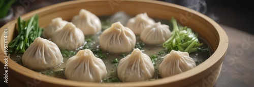 Delicate soup dumplings in bamboo steamer, topped with green scallions and steam rising, bamboo steamer, rustic ambiance, stir-fried noodles