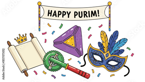Festive Purim decorations with grogger, mask, and scroll on white background  