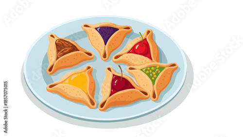 Hamantaschen pastries on blue plate for festive Purim celebration  
